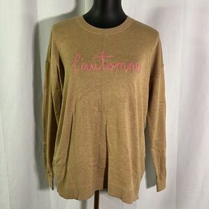 NWT LOFT Tan & Pink Embroidered Long Sleeve Wool Blend Crew Neck Sweater